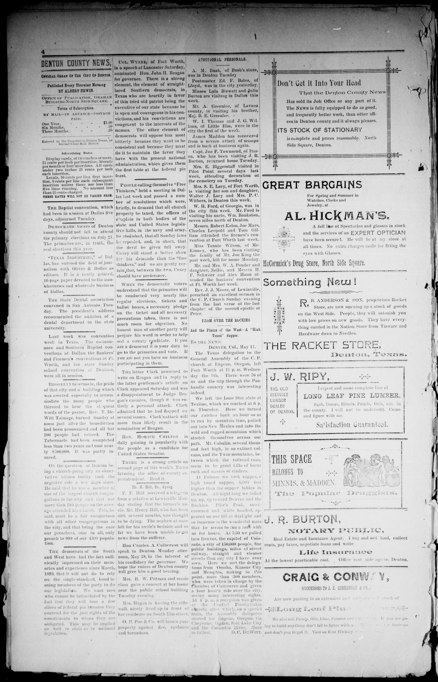 Denton County News. (Denton, Tex.), Vol. 3, No. 3, Ed. 1 Thursday, May 17, 1894
                                                
                                                    [Sequence #]: 4 of 8
                                                