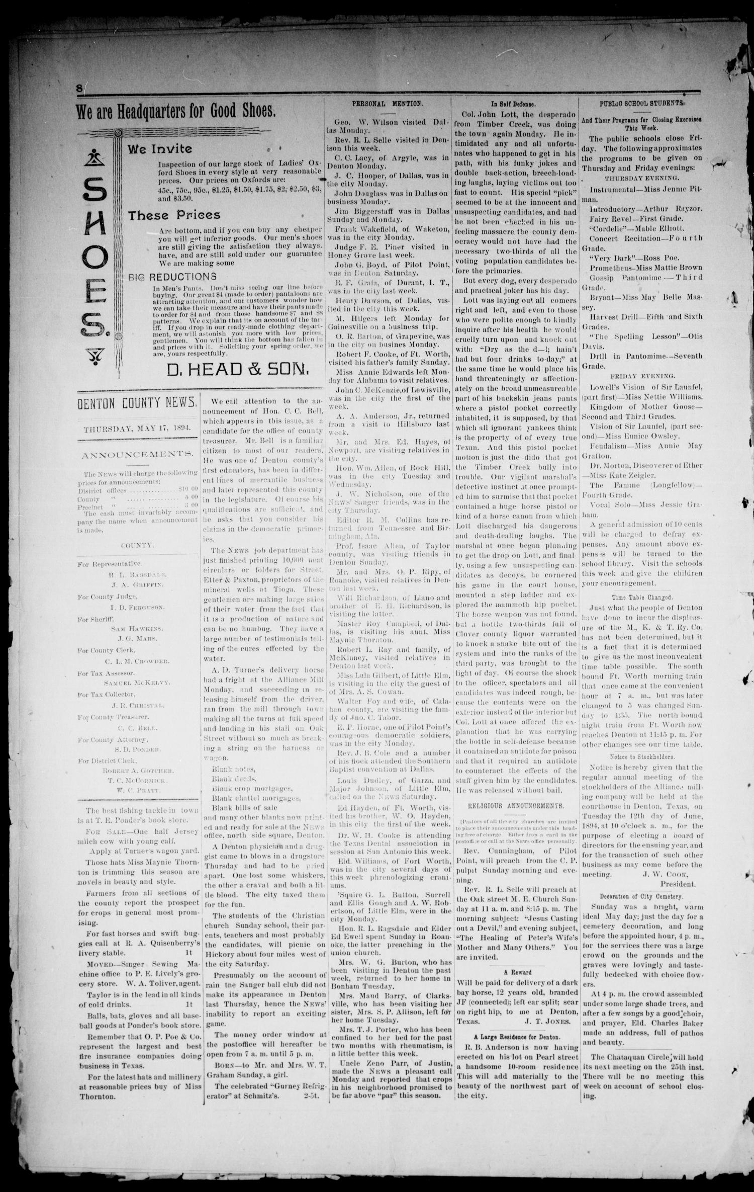 Denton County News. (Denton, Tex.), Vol. 3, No. 3, Ed. 1 Thursday, May 17, 1894
                                                
                                                    [Sequence #]: 8 of 8
                                                