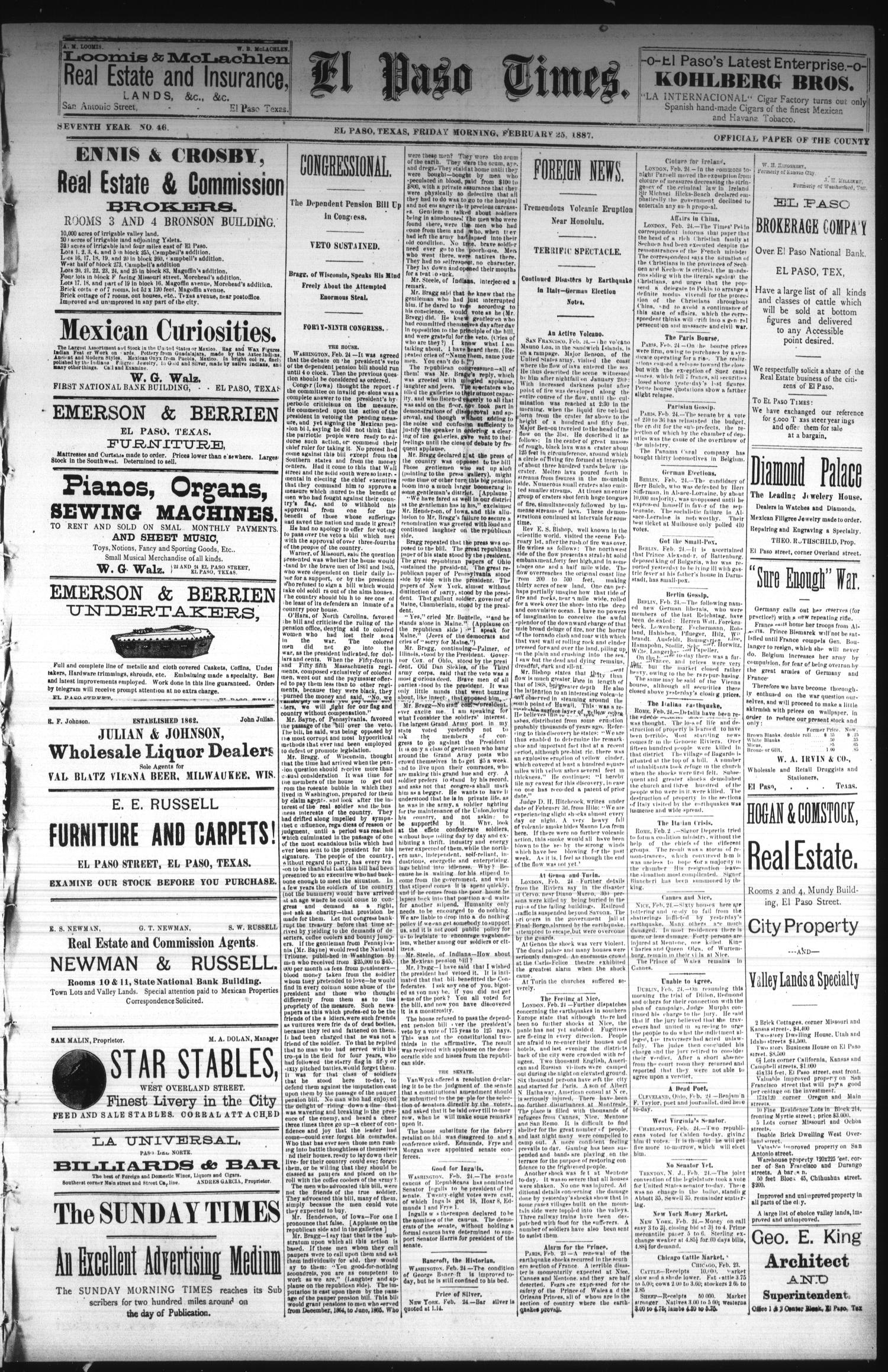 El Paso Times. (El Paso, Tex.), Vol. Seventh Year, No. 46, Ed. 1 Friday, February 25, 1887
                                                
                                                    [Sequence #]: 1 of 4
                                                