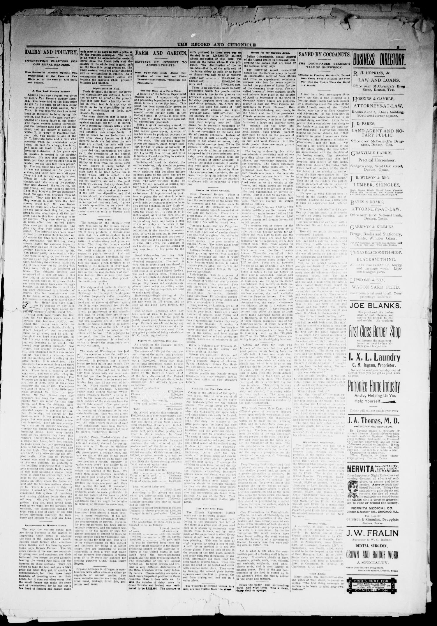 Denton County Record and Chronicle. (Denton, Tex.), Vol. 17, No. 44, Ed. 1 Thursday, June 8, 1899
                                                
                                                    [Sequence #]: 3 of 8
                                                