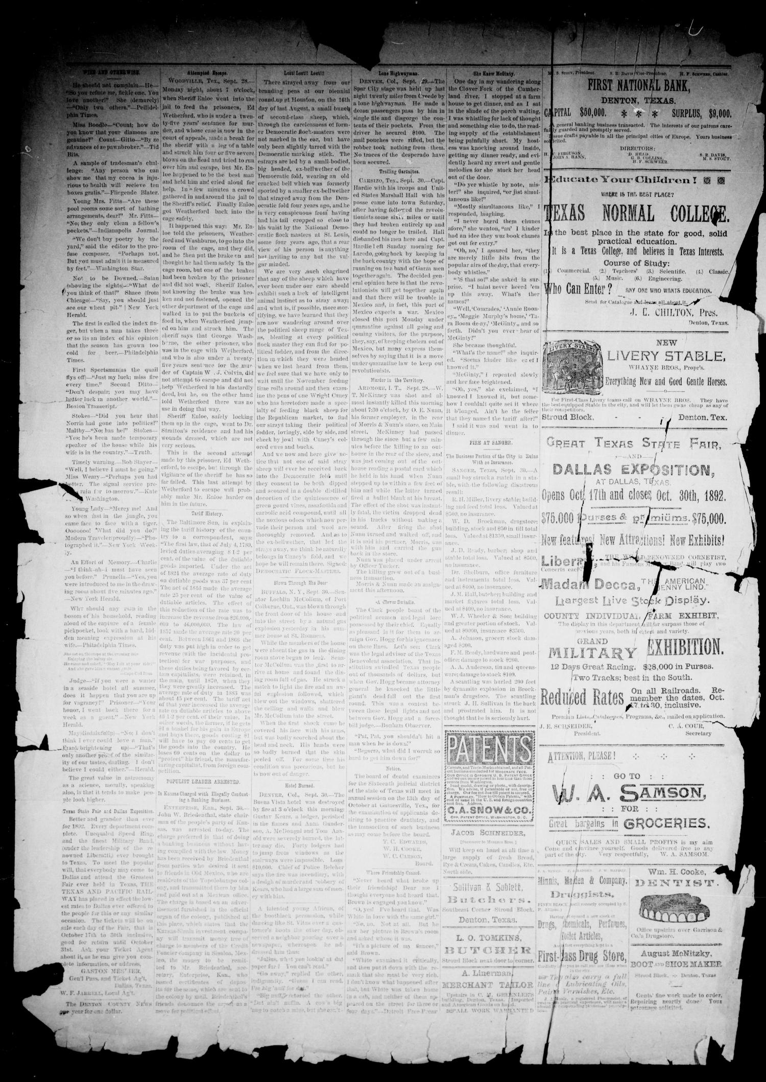 Denton County News. (Denton, Tex.), Vol. 1, No. 23, Ed. 1 Thursday, October 6, 1892
                                                
                                                    [Sequence #]: 4 of 8
                                                