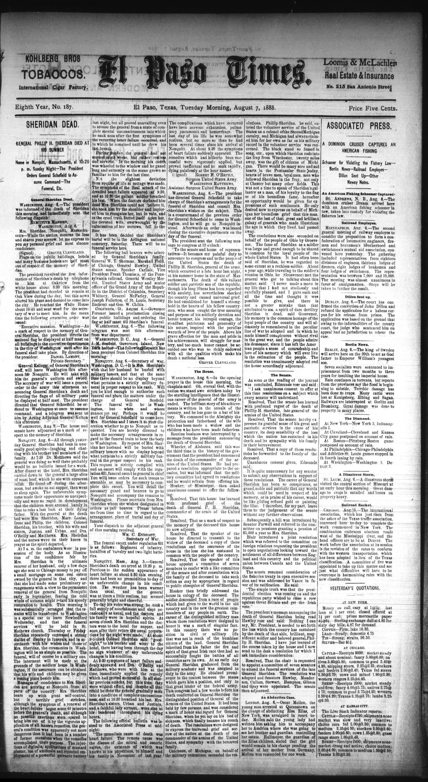 El Paso Times. (El Paso, Tex.), Vol. EIGHTH YEAR, No. 187, Ed. 1 Tuesday, August 7, 1888
                                                
                                                    [Sequence #]: 1 of 8
                                                