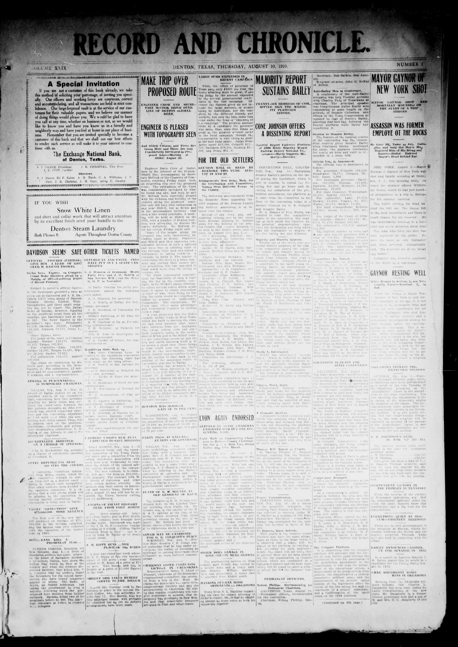 Record and Chronicle. (Denton, Tex.), Vol. 29, No. 1, Ed. 1 Wednesday, August 10, 1910
                                                
                                                    [Sequence #]: 1 of 10
                                                