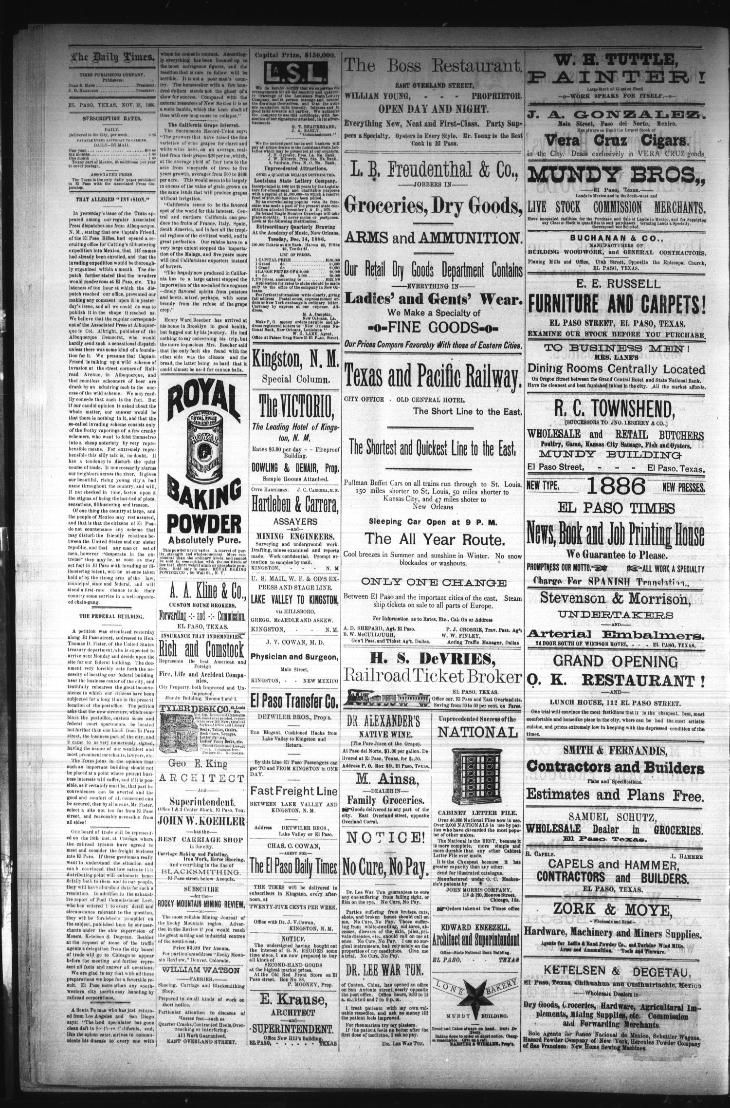 El Paso Times. (El Paso, Tex.), Vol. Sixth Year, No. 272, Ed. 1 Saturday, November 13, 1886
                                                
                                                    [Sequence #]: 2 of 4
                                                