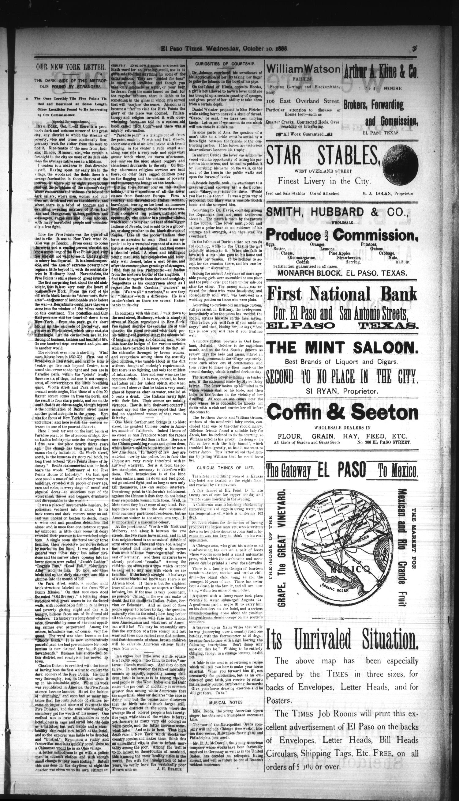 El Paso Times. (El Paso, Tex.), Vol. EIGHTH YEAR, No. 241, Ed. 1 Wednesday, October 10, 1888
                                                
                                                    [Sequence #]: 3 of 8
                                                