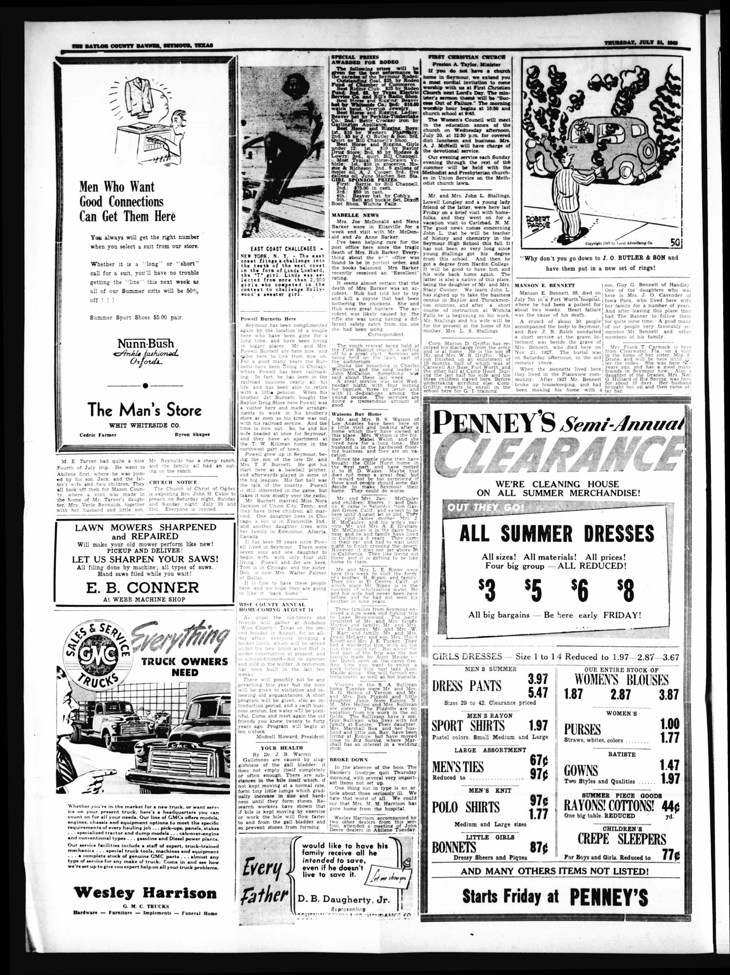 The Baylor County Banner (Seymour, Tex.), Vol. 53, No. 47, Ed. 1 Thursday, July 21, 1949
                                                
                                                    [Sequence #]: 2 of 12
                                                
