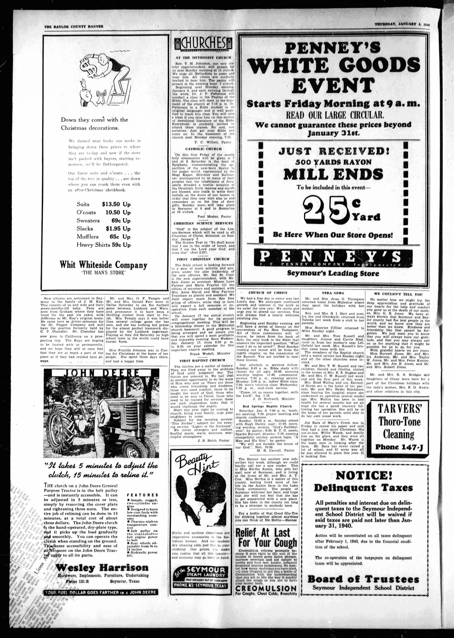 The Baylor County Banner (Seymour, Tex.), Vol. 45, No. 18, Ed. 1 Thursday, January 4, 1940
                                                
                                                    [Sequence #]: 2 of 16
                                                