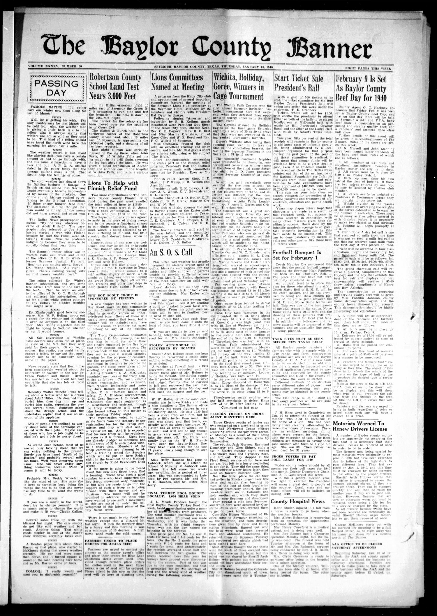 The Baylor County Banner (Seymour, Tex.), Vol. 45, No. 20, Ed. 1 Thursday, January 18, 1940
                                                
                                                    [Sequence #]: 1 of 10
                                                