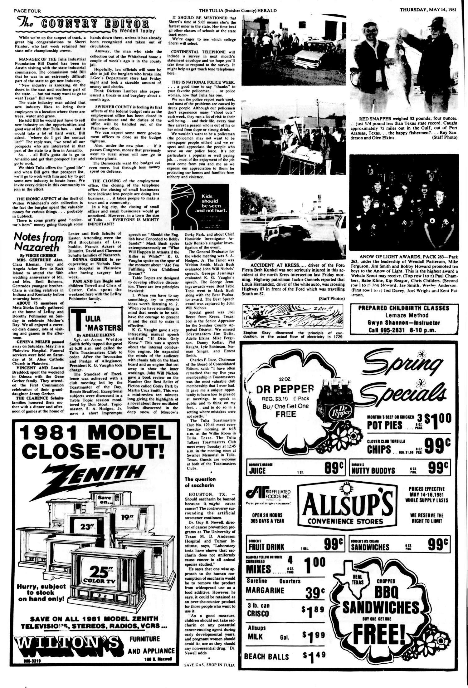 The Tulia Herald (Tulia, Tex.), Vol. 73, No. 20, Ed. 1 Thursday, May 14, 1981
                                                
                                                    [Sequence #]: 4 of 28
                                                