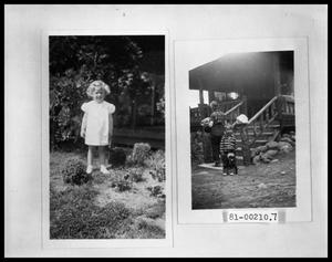 Unknown Girl in Garden; Children Playing on Cabin Front Steps