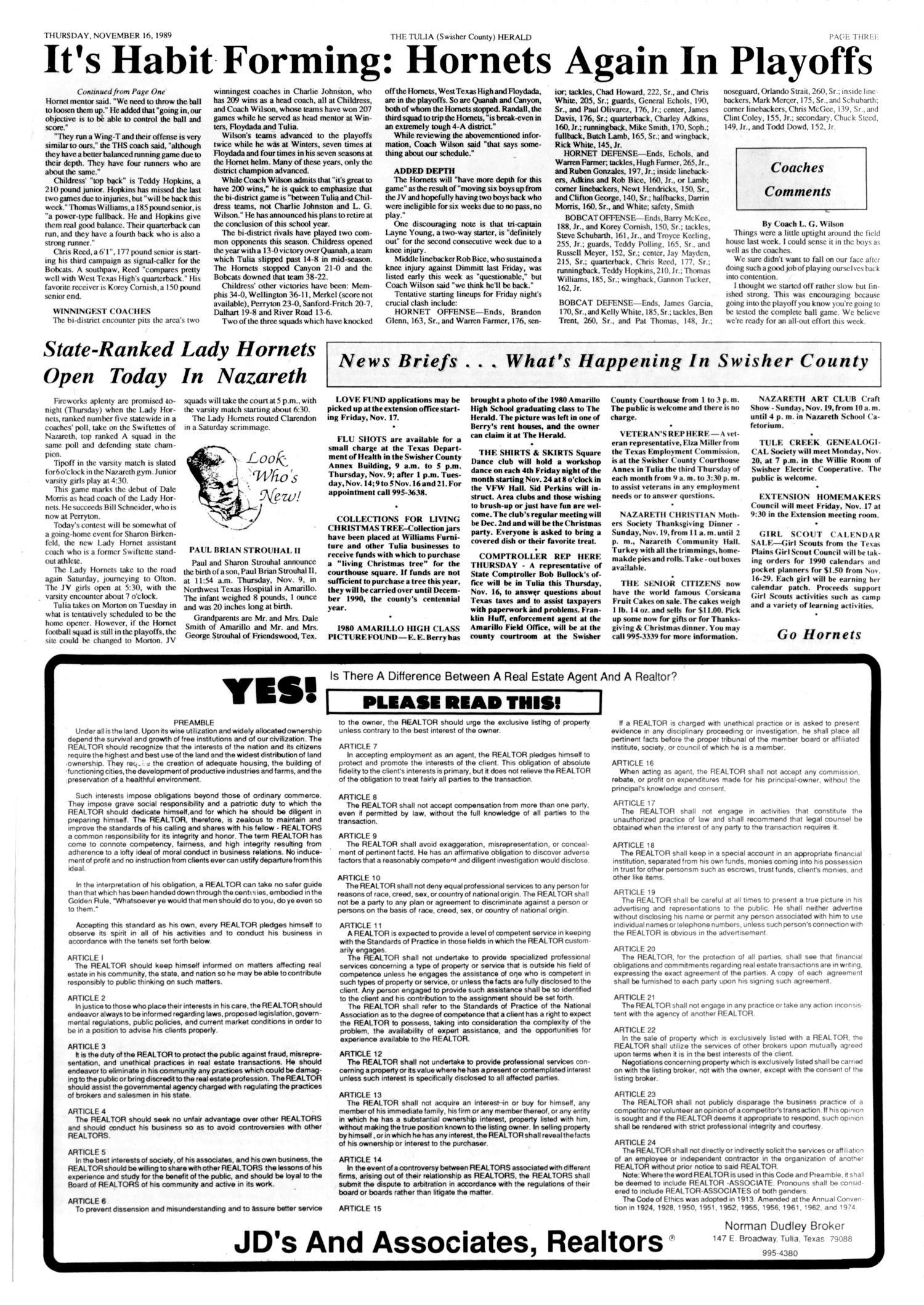 The Tulia Herald (Tulia, Tex.), Vol. 81, No. 46, Ed. 1 Thursday, November 16, 1989
                                                
                                                    [Sequence #]: 3 of 38
                                                