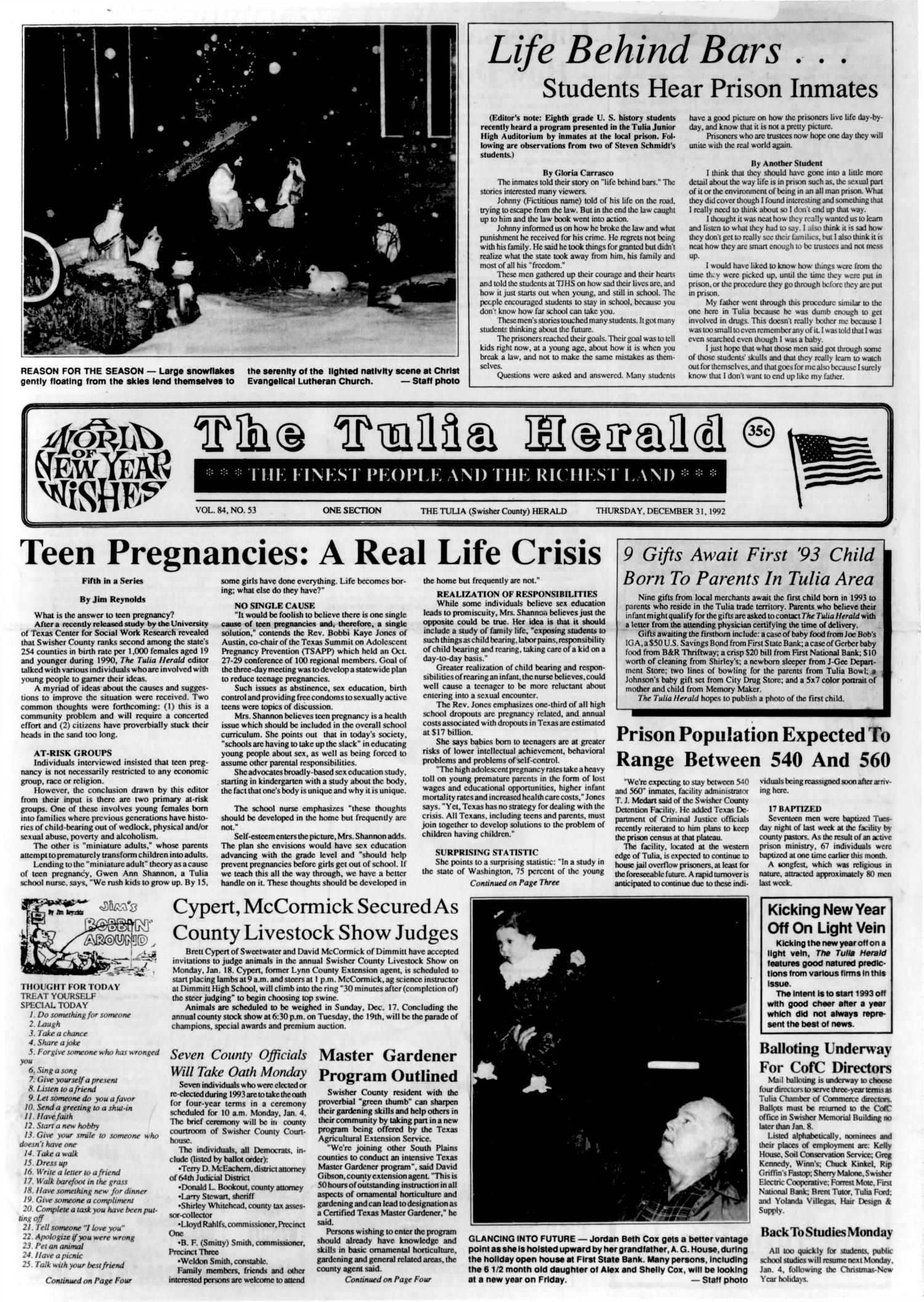 The Tulia Herald (Tulia, Tex.), Vol. 84, No. 53, Ed. 1 Thursday, December 31, 1992
                                                
                                                    [Sequence #]: 1 of 27
                                                