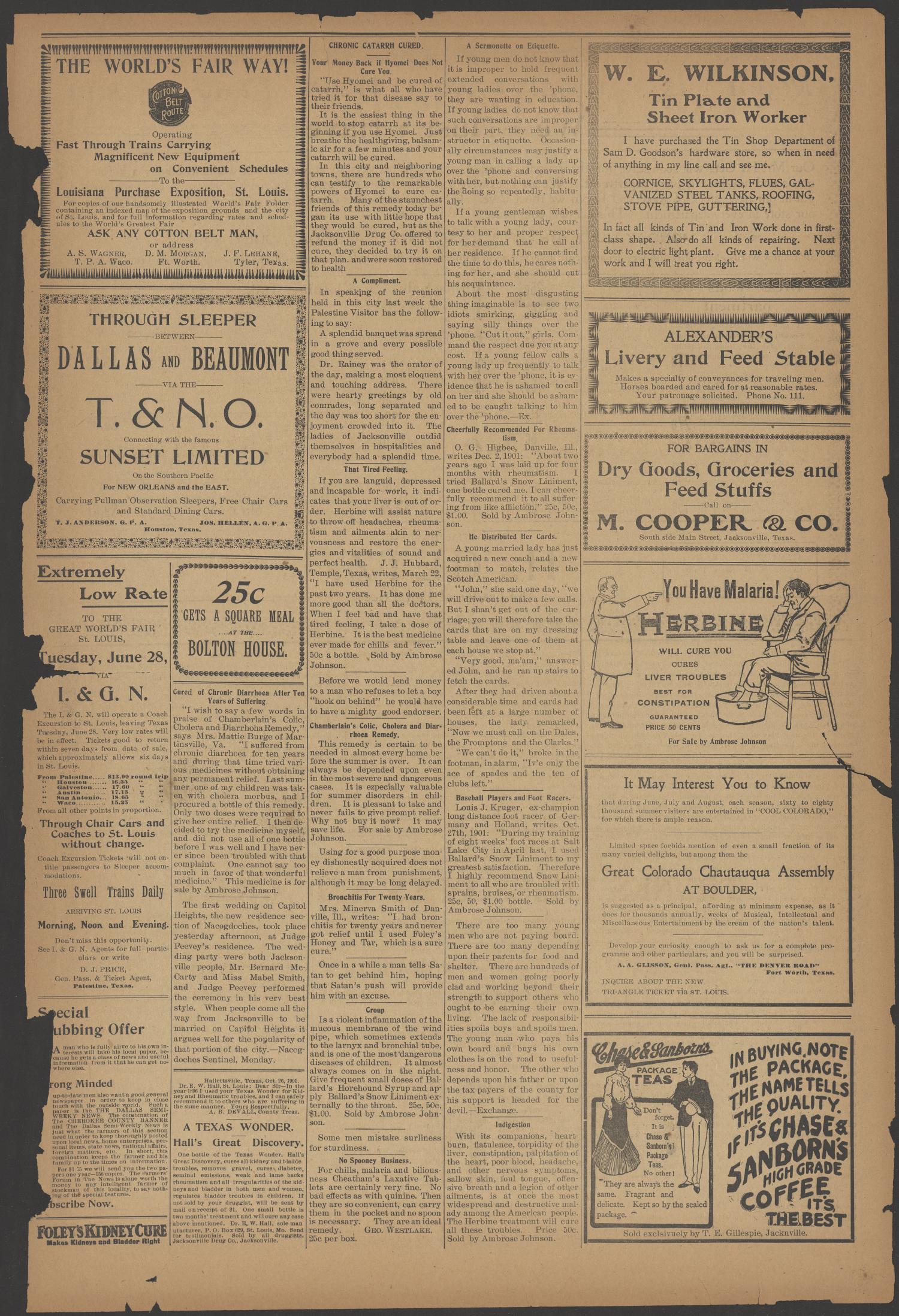 Cherokee County Banner. (Jacksonville, Tex.), Vol. 17, No. 52, Ed. 1 Friday, July 8, 1904
                                                
                                                    [Sequence #]: 4 of 11
                                                