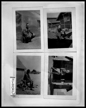 Man in Uniform Posing by Tent; Man in Uniform Posing by Barracks; Man Sitting in Uniform on Wood by Barracks; Man in Uniform Sitting in Barracks Door