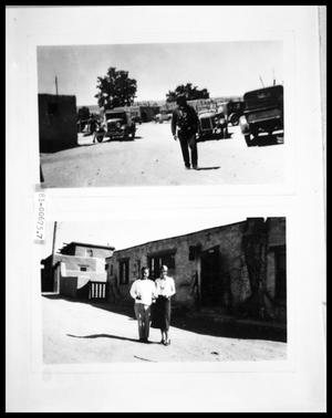 Primary view of object titled 'Man in front of Cars; Man and Woman in front of Pueblo'.