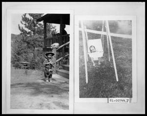 Primary view of object titled 'Child Dressed As Cowboy At Cabin; Baby in Swinger'.