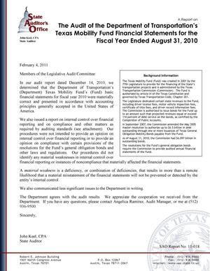 Primary view of object titled 'A Report on the Audit of the Department of Transportation's Texas Mobility Fund Financial Statements for the Fiscal Year Ended August 31, 2010'.