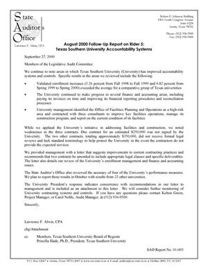 August 2000 Follow-Up Report on Rider 5: Texas Southern University Accountability Systems
