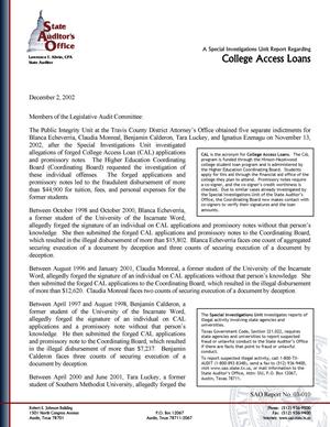 A Special Investigations Unit Report Regarding College Access Loans