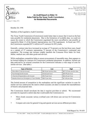 An Audit Report on Rider 15: Rates Paid by Texas Youth Commission for Residential Placements