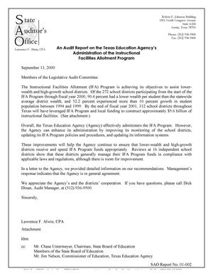 An Audit Report on the Texas Education Agency's Administration of the Instructional Facilities Allotment Program