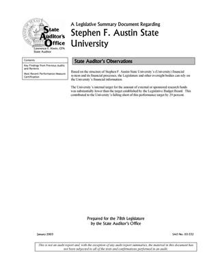 A Legislative Summary Document Regarding Stephen F. Austin State University
