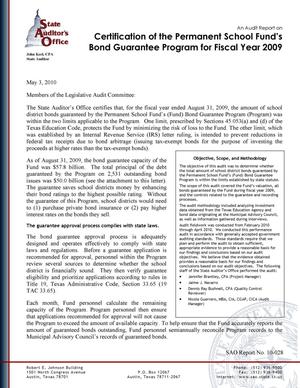 Primary view of object titled 'An Audit Report on Certification of the Permanent School Fund's Bond Guarantee Program for Fiscal Year 2009'.