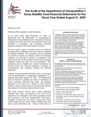Primary view of object titled 'A Report on the Audit of the Department of Transportation's Texas Mobility Fund Financial Statements for the Fiscal Year Ended August 31, 2009'.