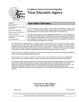 A Legislative Summary Document Regarding Texas Education Agency