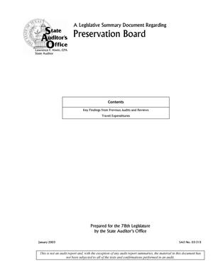 A Legislative Summary Document Regarding Preservation Board
