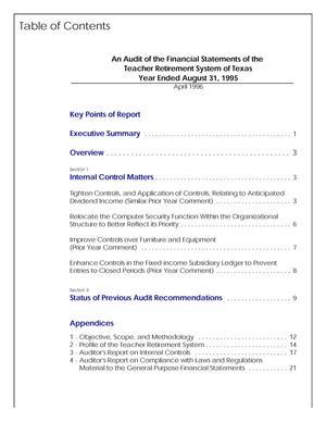 Primary view of object titled 'An Audit of the Financial Statements of The Teacher Retirement System of Texas Year Ended August 31, 1995'.