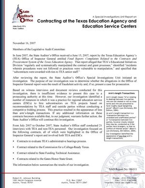 A Special Investigations Unit Report on Contracting at the Texas Education Agency and Education Service Centers