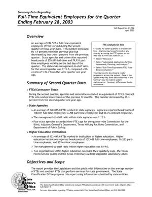 Summary Data Regarding Full-Time Equivalent Employees for the Quarter Ending February 28, 2003