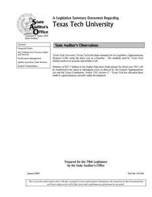A Legislative Summary Document Regarding Texas Tech University