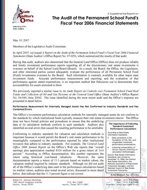 A Supplemental Report on the Audit of the Permanent School Fund's Fiscal Year 2006 Financial Statements
