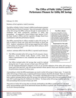 An Audit Report on the Office of Public Utility Counsel's Performance Measure for Utility Bill Savings