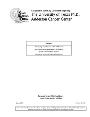 A Legislative Summary Document Regarding The University of Texas M.D. Anderson Cancer Center