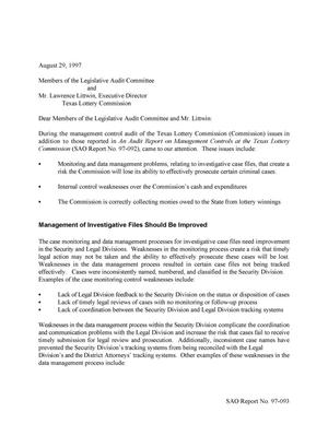 A Follow-Up Letter on Management Controls at the Texas Lottery Commission