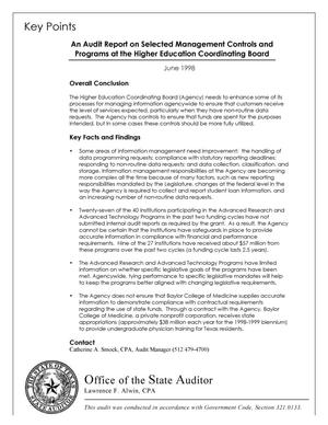 An Audit Report on Selected Management Controls and Programs at the Texas Higher Education Coordinating Board