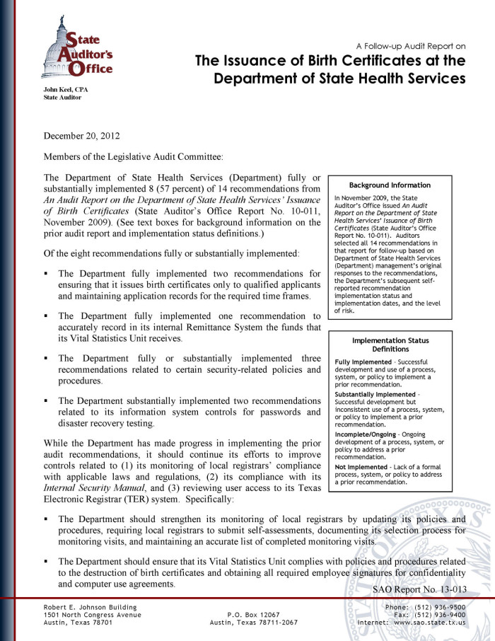 A Follow-up Audit Report on the Issuance of Birth Certificates at the  Department of State Health Services - The Portal to Texas History