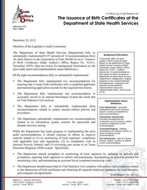 A Follow-up Audit Report on the Issuance of Birth Certificates at the Department of State Health Services