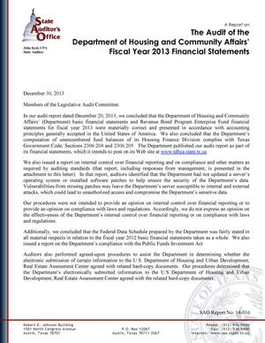 Primary view of object titled 'A Report on the Audit of the Department of Housing and Community Affairs' Fiscal Year 2013 Financial Statements'.
