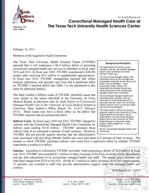Primary view of object titled 'An Audit Report on Correctional Managed Health Care at the Texas Tech University Health Sciences Center'.