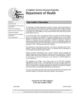 A Legislative Summary Document Regarding Department of Health