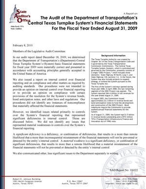 Primary view of object titled 'A Report on the Audit of the Department of Transportation's Central Texas Turnpike System's Financial Statements for the Fiscal Year Ended August 31, 2009'.