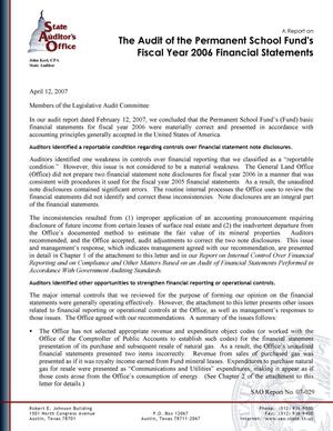 Primary view of object titled 'A Report on the Audit of the Permanent School Fund's Fiscal Year 2006 Financial Statements'.