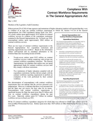 Primary view of object titled 'A Report on Compliance With Contract Workforce Requirements In The General Appropriations Act'.
