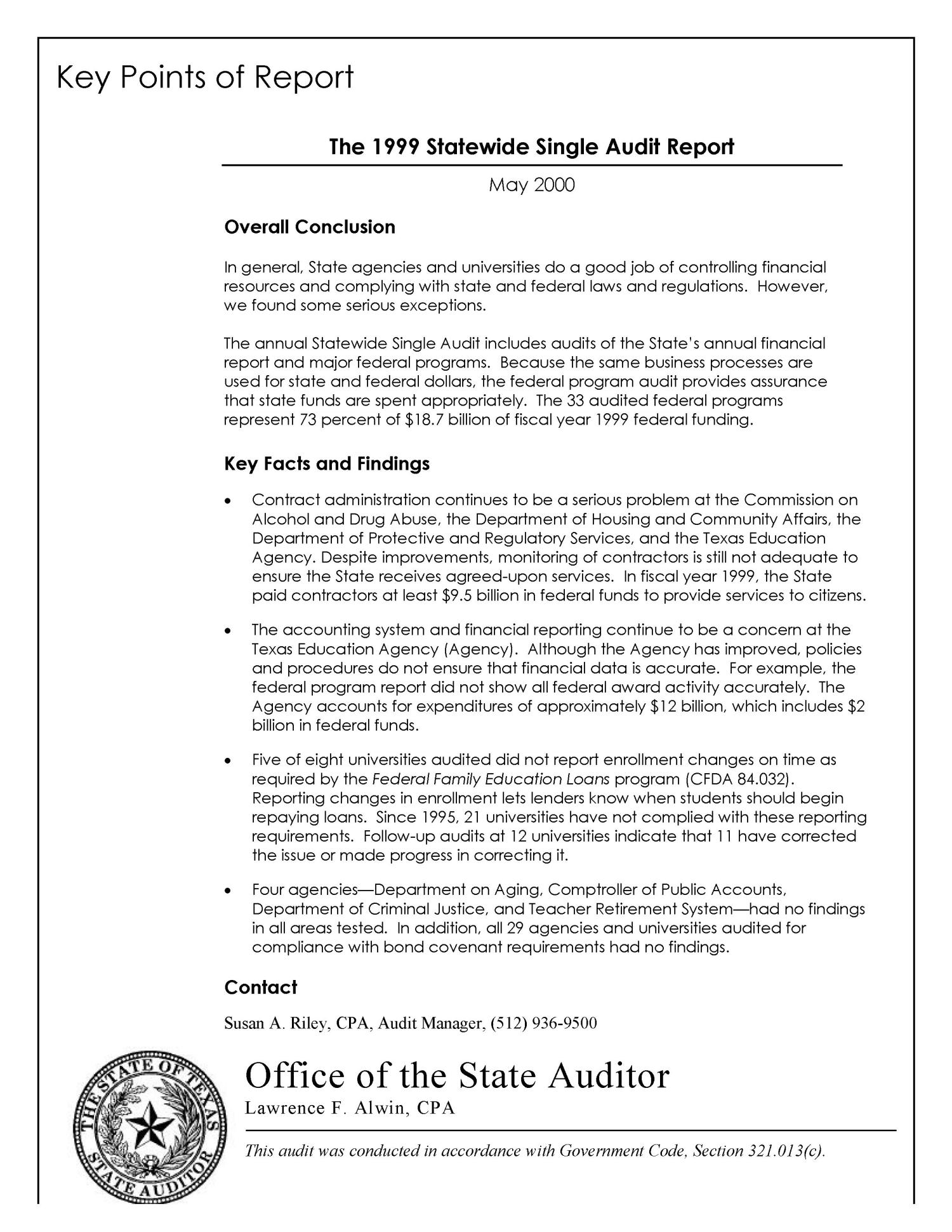 The 1999 Statewide Single Audit Report
                                                
                                                    [Sequence #]: 2 of 129
                                                