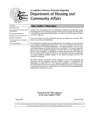 A Legislative Summary Document Regarding Department of Housing and Community Affairs