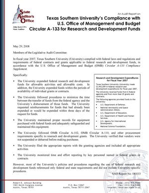 Primary view of object titled 'An Audit Report on Texas Southern University's Compliance with U.S. Office of Management and Budget Circular A-133 for Research and Development Funds'.